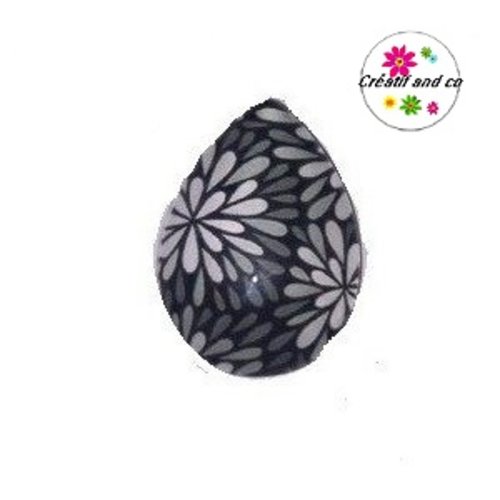 Cabochon goutte fleurs blanches et grises 18x25mm