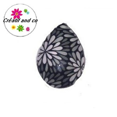Cabochon goutte fleurs blanches et grises 18x25mm