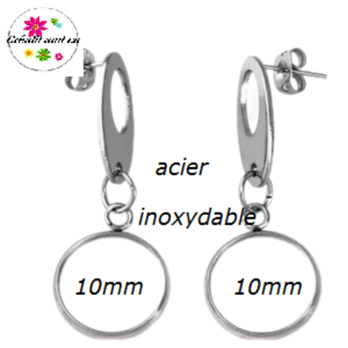 Boucle d'oreille pendante acier inoxydable cabochon 10mm