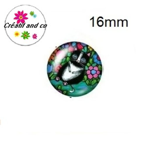 X2 cabochons chat noir et blanc 16mm