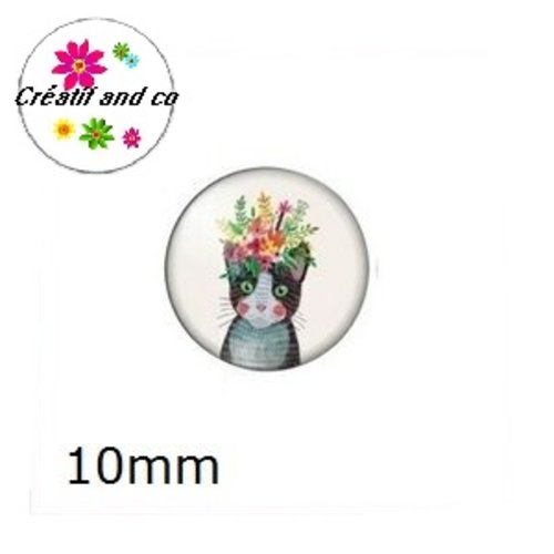 X2 cabochons chat et sa couronne de fleur 10mm