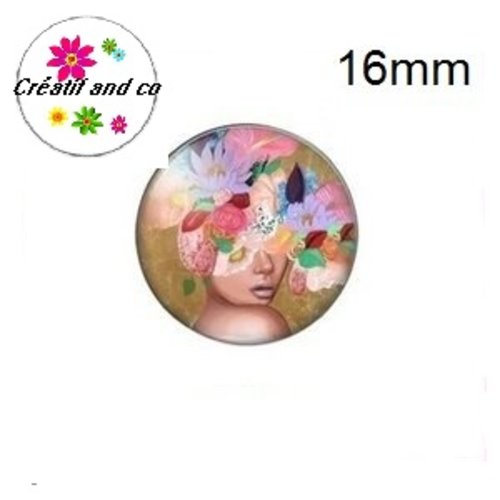 X2 cabochons femme et sa couronne de fleur 16mm