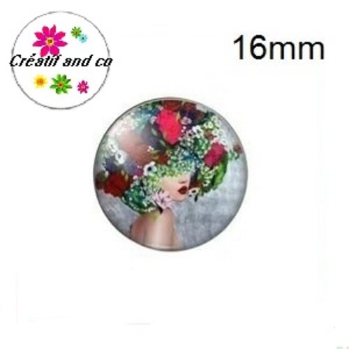 X2 cabochons femme et sa couronne de fleur 16mm