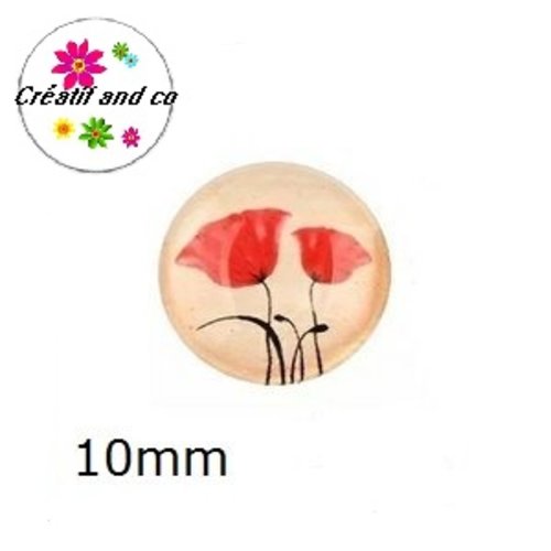 X 2 cabochons fleurs rouges, pavot 10mm