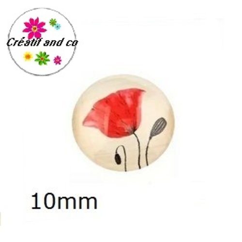 X 2 cabochons fleur rouge, pavot 10mm