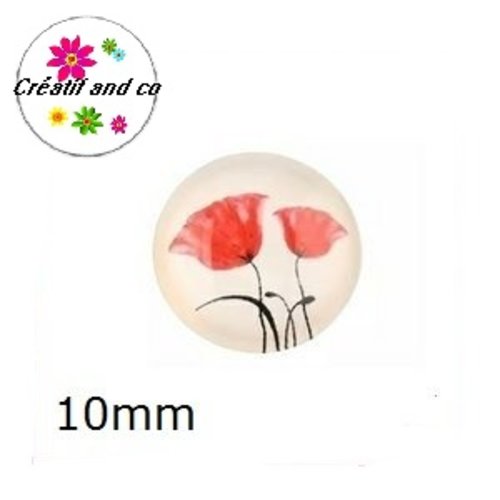 X 2 cabochons fleurs rouges, pavot 10mm