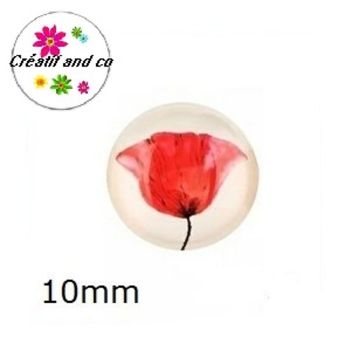 X 2 cabochons fleur rouge, pavot 10mm