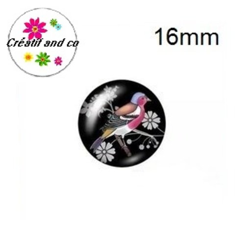 X2 cabochons oiseau sur fond noir 16mm