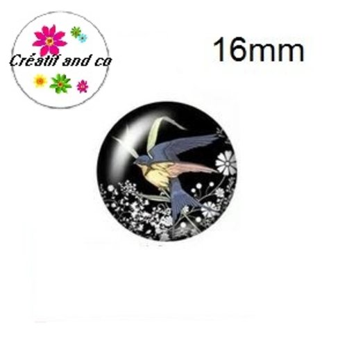 X2 cabochons oiseau sur fond noir 16mm