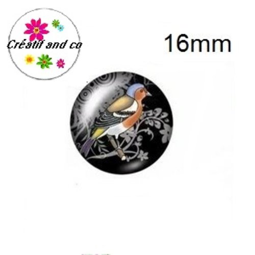 X2 cabochons oiseau sur fond noir 16mm