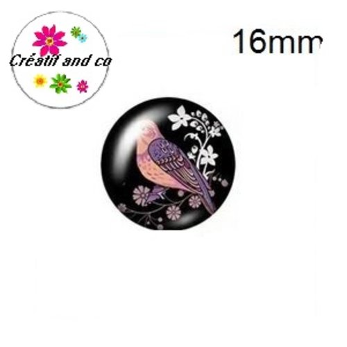 X2 cabochons oiseau sur fond noir 16mm