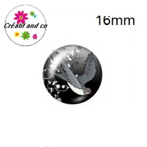 X2 cabochons oiseau sur fond noir 16mm