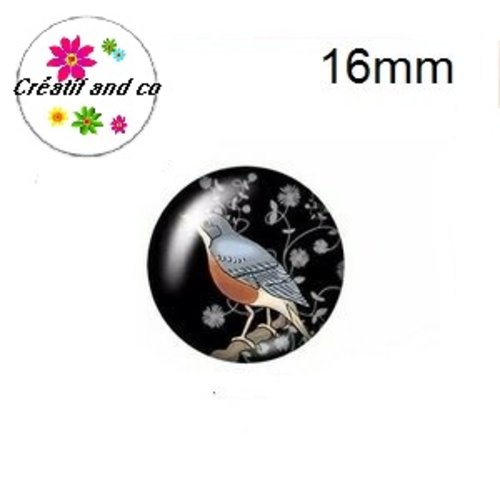 X2 cabochons oiseau sur fond noir 16mm