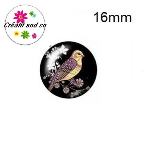 X2 cabochons oiseau sur fond noir 16mm