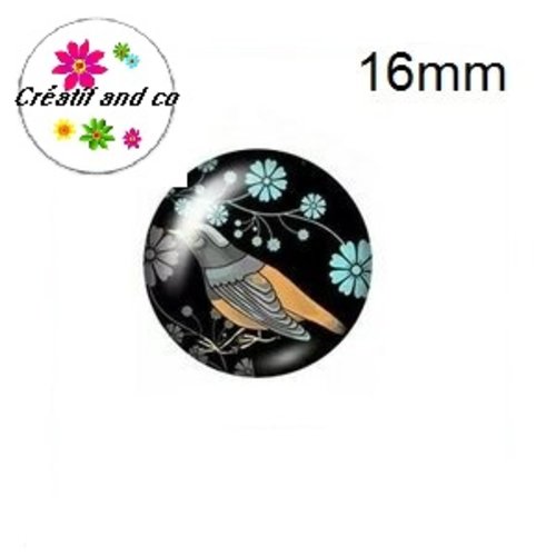 X2 cabochons oiseau sur fond noir 16mm