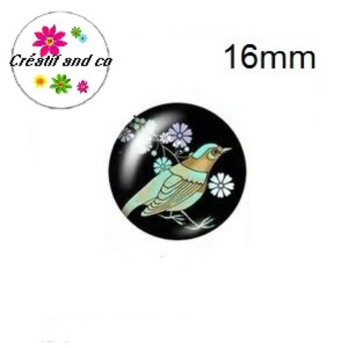X2 cabochons oiseau sur fond noir 16mm