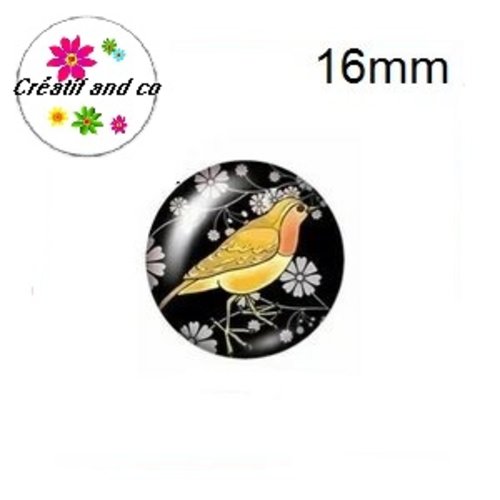 X2 cabochons oiseau sur fond noir 16mm