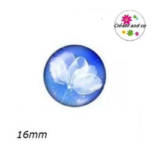 X2 cabochons fleur blanche fond bleu 16mm