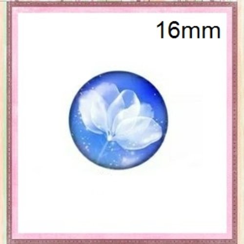 X2 cabochons fleur blanche fond bleu 16mm