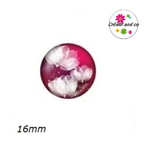 X2 cabochons fleur blanche fond violine 16mm