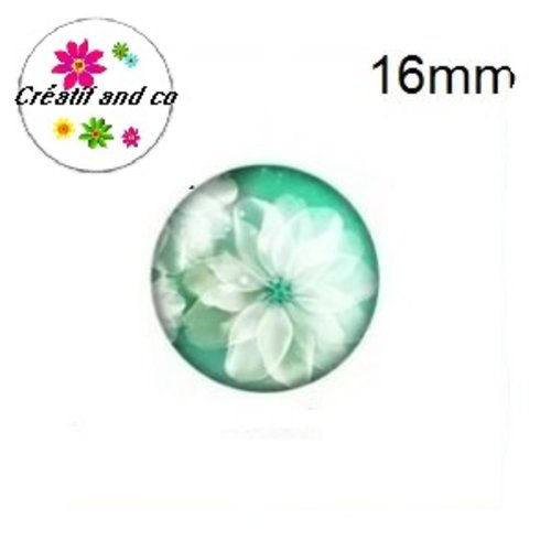 X2 cabochons fleur blanche fond vert 16mm