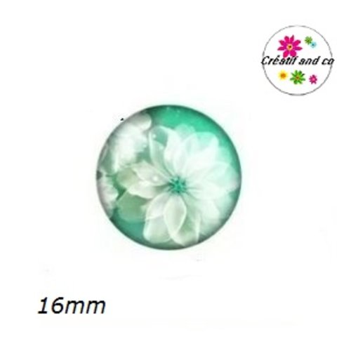 X2 cabochons fleur blanche fond vert 16mm