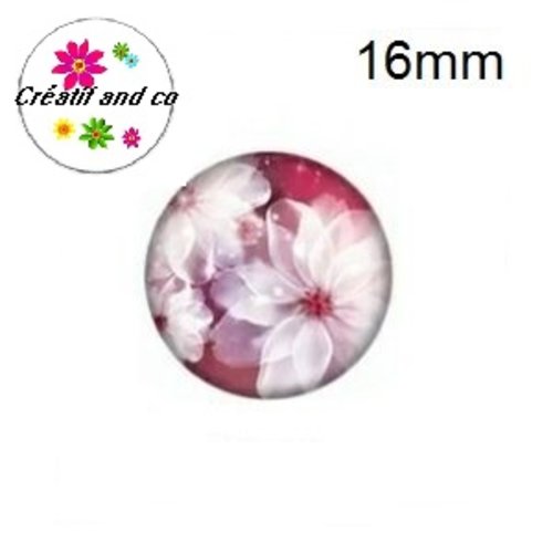 X2 cabochons fleur blanche fond violine 16mm