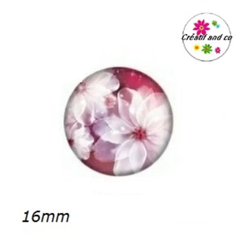 X2 cabochons fleur blanche fond violine 16mm