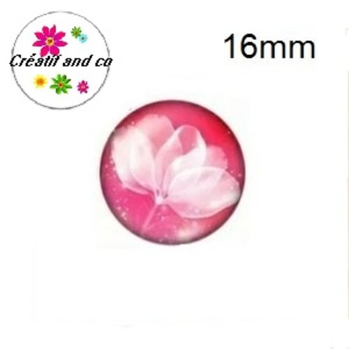 X2 cabochons fleur blanche fond fuchsia 16mm