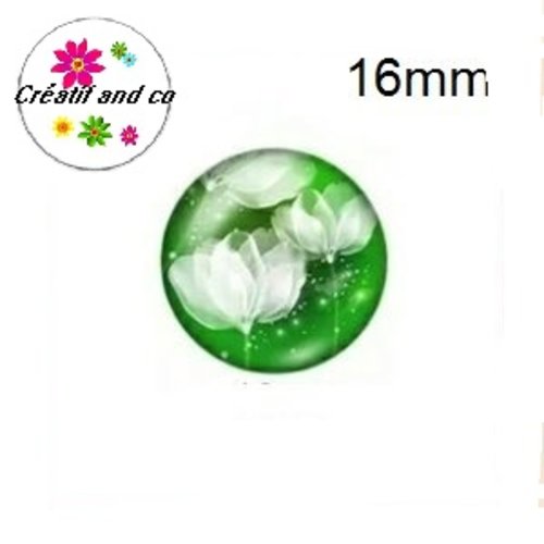 X2 cabochons fleur blanche fond vert 16mm