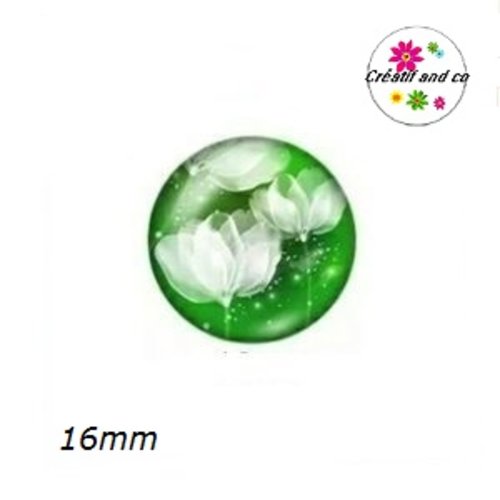 X2 cabochons fleur blanche fond vert 16mm