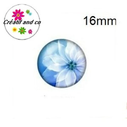 X2 cabochons fleur blanche fond bleu 16mm