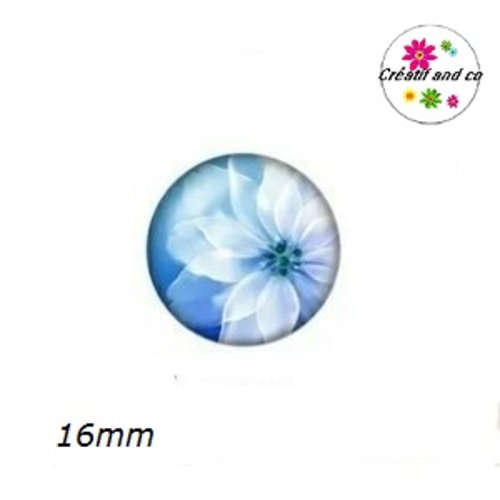 X2 cabochons fleur blanche fond bleu 16mm
