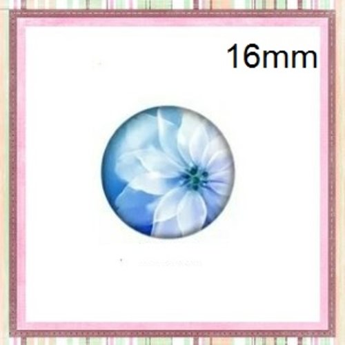 X2 cabochons fleur blanche fond bleu 16mm
