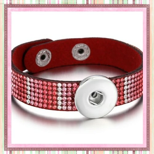 Bracelet simili cuir et duo de strass rose/fuchsia et argent  pour bouton pression
