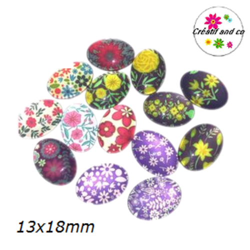 X14 cabochons ovales fleuris 13x18mm
