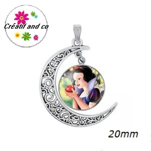 Pendentif lune et son cabochon rond blanche neige 20mm