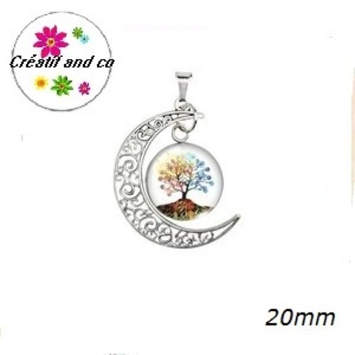 Pendentif lune et son cabochon rond arbre de vie 20mm