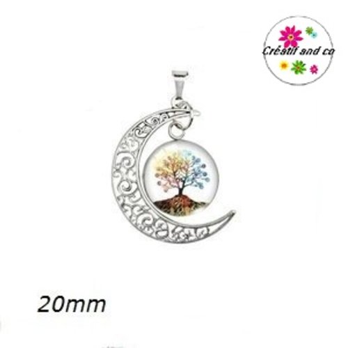Pendentif lune et son cabochon rond arbre de vie 20mm