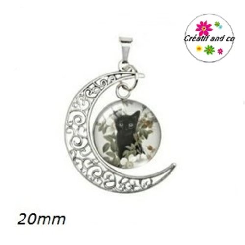 Pendentif lune et son cabochon rond chat noir 20mm