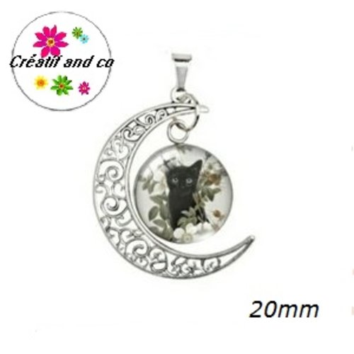 Pendentif lune et son cabochon rond chat noir 20mm