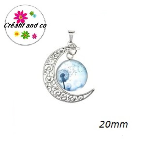 Pendentif lune et son cabochon rond pissenlit 20mm