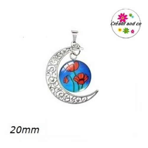 Pendentif lune et son cabochon rond fleurs rouges  20mm
