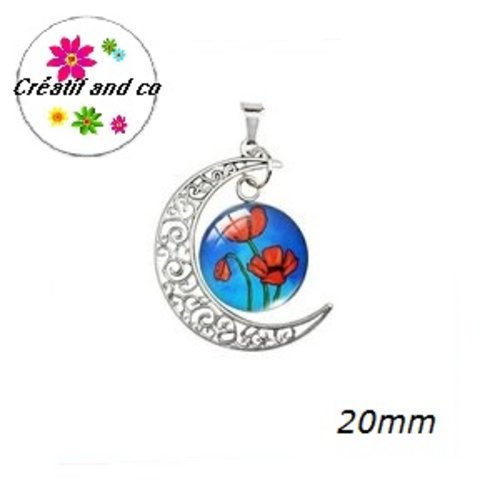 Pendentif lune et son cabochon rond fleurs rouges  20mm