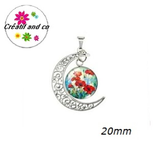 Pendentif lune et son cabochon rond fleurs rouges 20mm