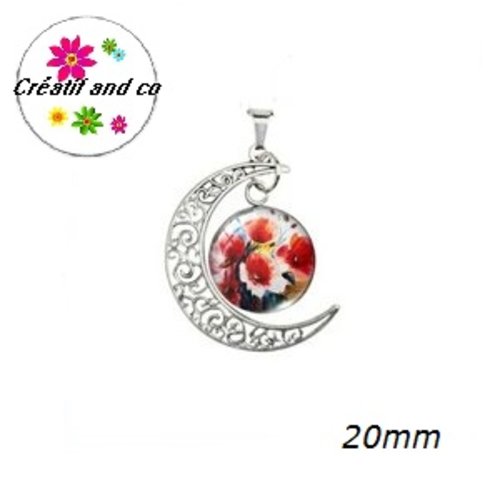 Pendentif lune et son cabochon rond fleurs rouges 20mm