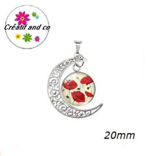Pendentif lune et son cabochon rond fleurs rouges 20mm