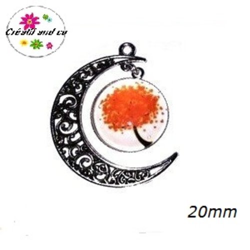 Pendentif lune et son cabochon rond arbre de vie rouge orangé 20mm