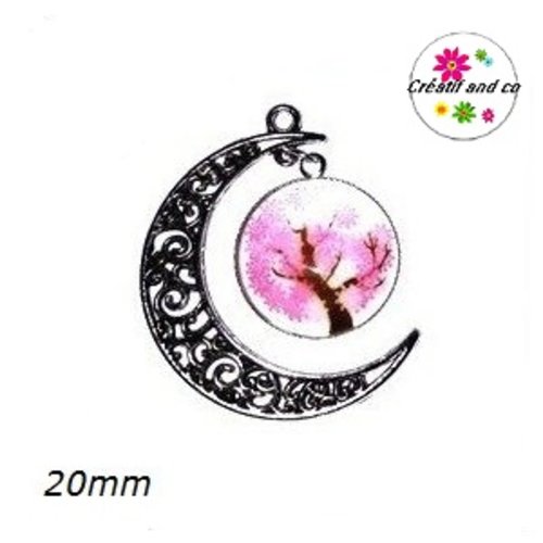 Pendentif lune et son cabochon rond arbre de vie rose  20mm