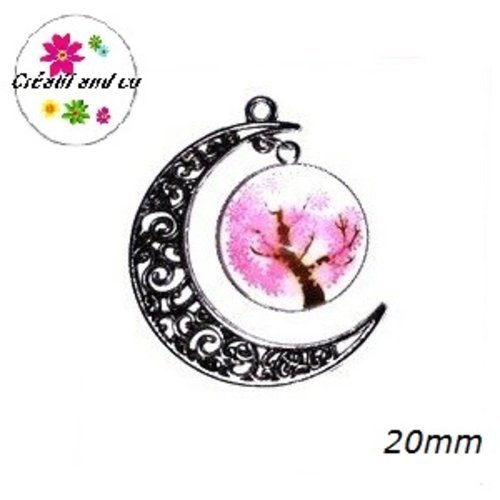Pendentif lune et son cabochon rond arbre de vie rose  20mm